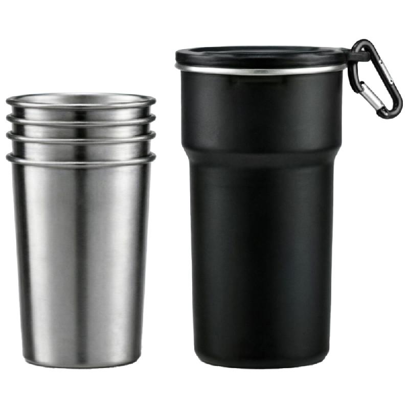 Набор походный стальных стаканов из нержавеющей стали 4 в 1, 200 мл, Altai, с карабином