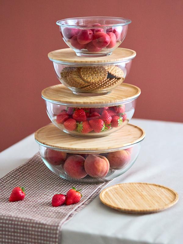 Набор из 4х стеклянных мисок eco store с крышками из бамбука