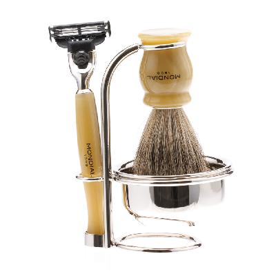 Бритвенный набор Mondial: станок, помазок, чаша, подставка; светлый и  перламутр
