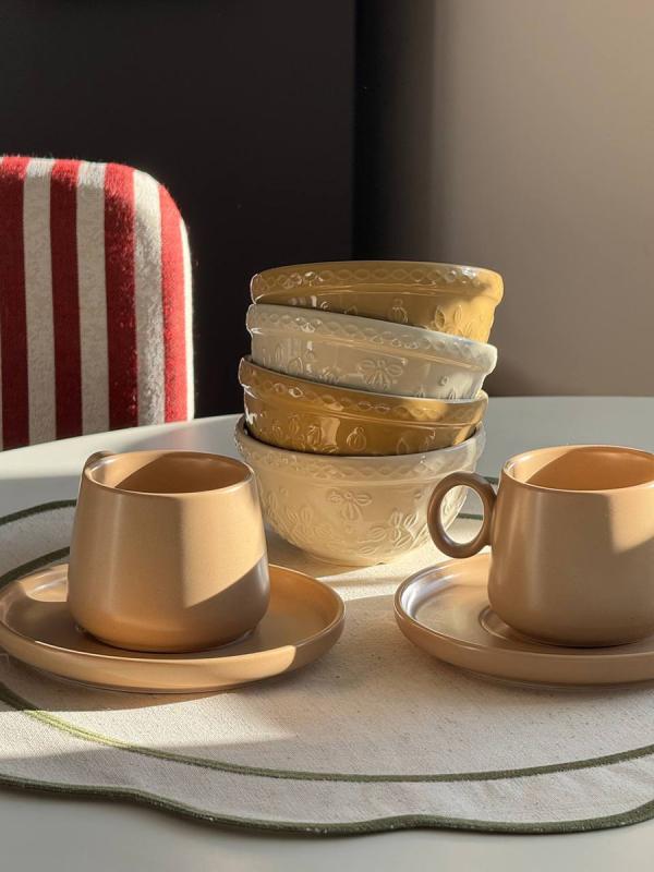 Набор из 4 пиал овогобежевого цветов с рельефным узором Ягоды Тайги из коллекции russian north, 130 мл