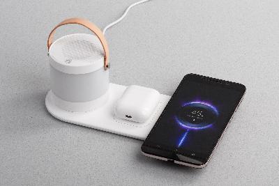 Настольная беспроводная (15W) зарядная станция "Smart Home" с bluetooth колонкой-лампой