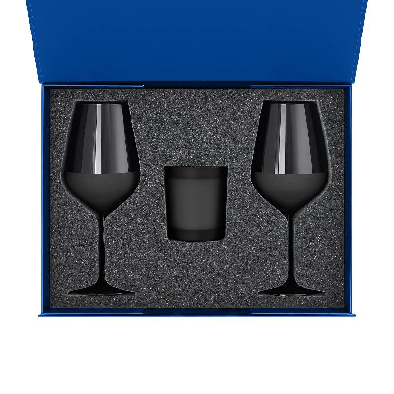 Подарочный набор свеча Enigma + 2 бокала для вина Black Edition в синей коробке