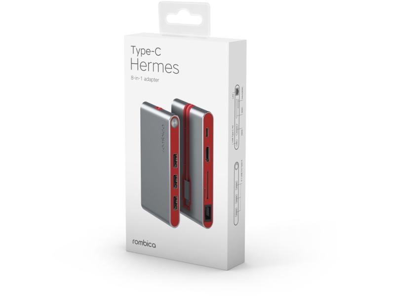 Хаб 8-в-1 Type-C Hermes, USB 3.0 x 3, Type-C PD, HDMI, LAN, картридер