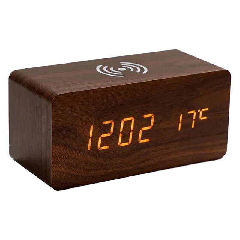 Часы настольные Wireless Time Hub с беспроводной зарядкой, термометром, календарем, коричневые