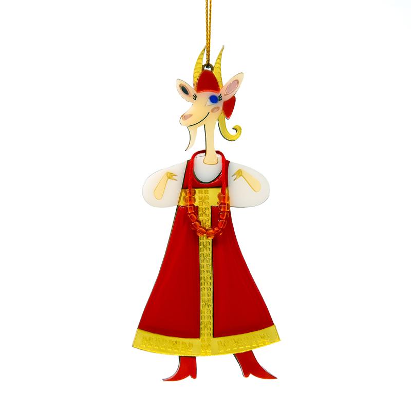Ёлочная игрушка Коза в сарафане (красный с белым)