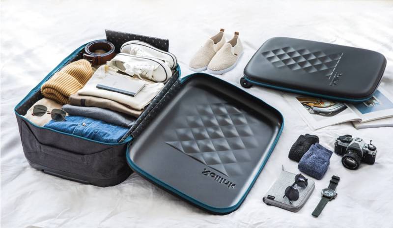 Чемодан складной Rollink Earth 55x40x20 см, 2 колеса, черный/синий