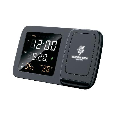 Настольные часы "Smart Screen" с беспроводным (15W) зарядным устройством, гигрометром, термометром, календарём, с подсветкой логотипа