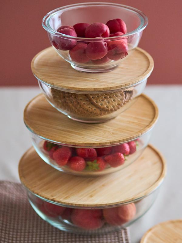 Набор из 4х стеклянных мисок eco store с крышками из бамбука