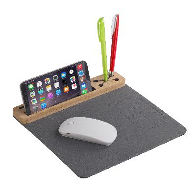 Настольная подставка с беспроводным зарядным устройством, переработанная кожа/бамбук