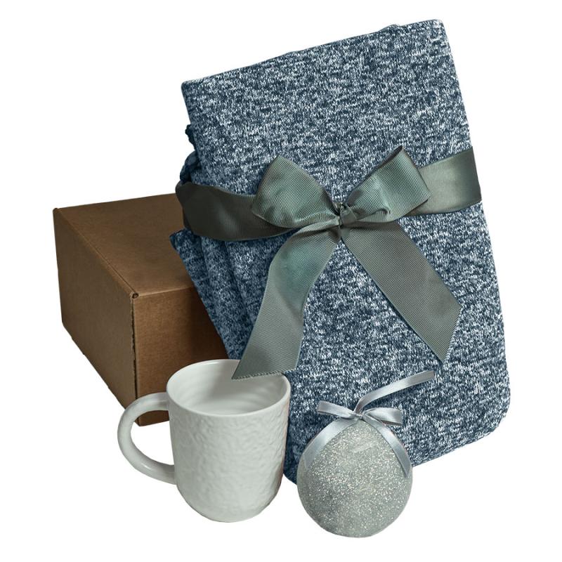 Подарочный набор HOLIDAY: плед, кружка, шар новогодний, коробка, синий