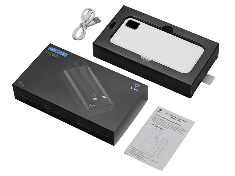 Внешний аккумулятор со встроенными кабелями Фрэйм Про, быстрая зарядка, 20000мач