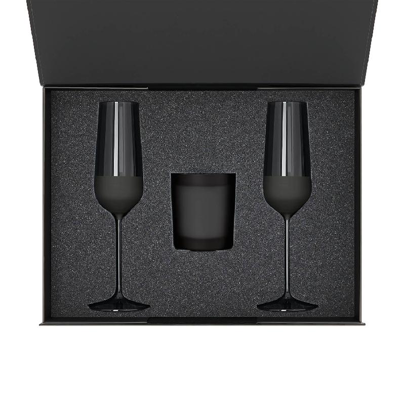 Подарочный набор свеча Enigma + 2 бокала для шампанского Black Edition в черной коробке