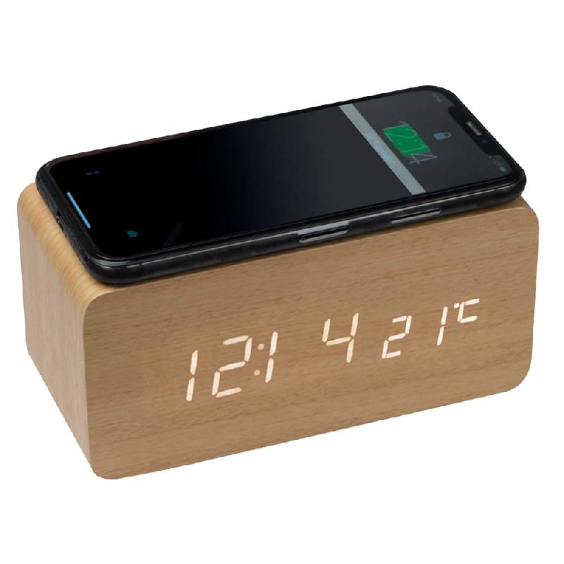 Часы настольные Wireless Time Hub с беспроводной зарядкой, термометром, календарем, коричневые