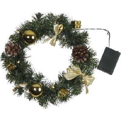 Венок еловый DECORAGE, диаметр 30 см, 10 LED ламп, на батарейках, зелёная хвоя, золотистые украшения