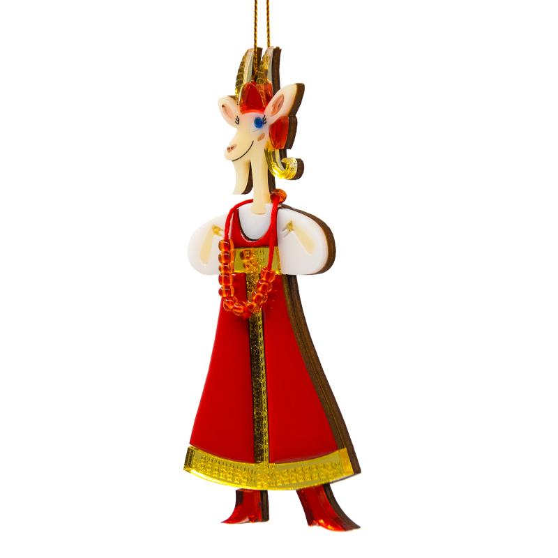 Ёлочная игрушка Коза в сарафане (красный с белым)