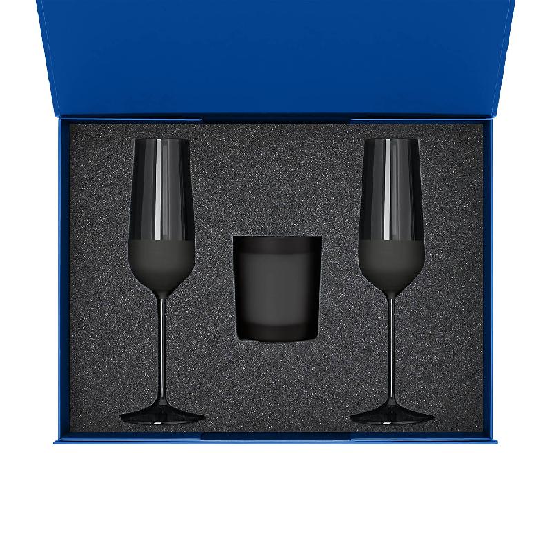 Подарочный набор свеча Enigma + 2 бокала для шампанского Black Edition в синей коробке
