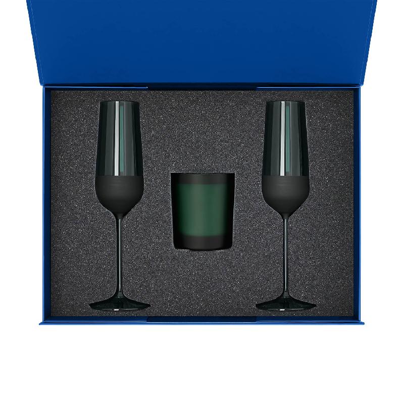 Подарочный набор свеча Enigma + 2 бокала для шампанского Emerald в синей коробке