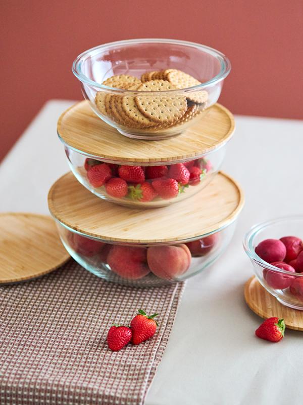 Набор из 4х стеклянных мисок eco store с крышками из бамбука