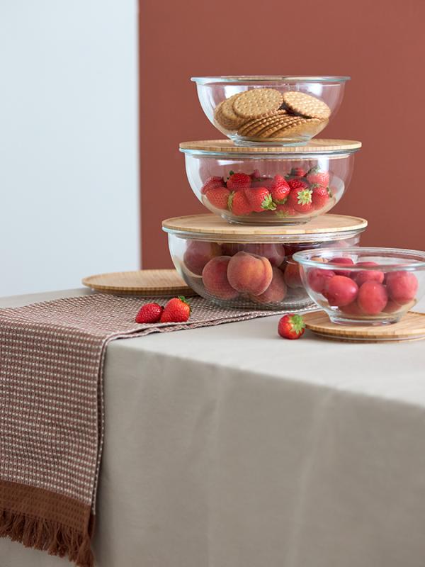 Набор из 4х стеклянных мисок eco store с крышками из бамбука