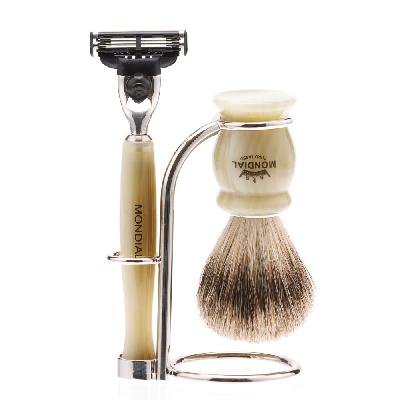 Бритвенный набор Mondial: станок, помазок, подставка; светлый и  перламутр