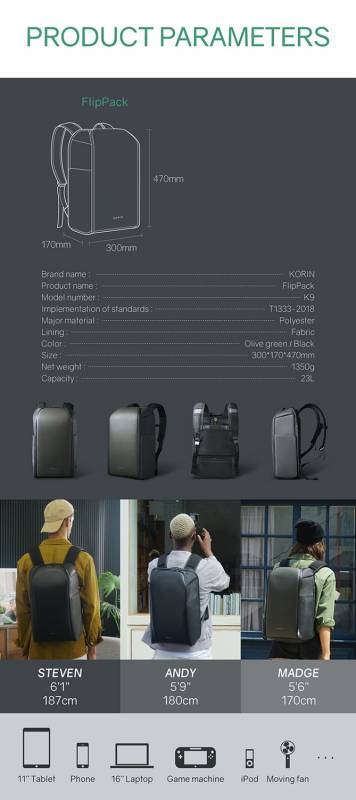 Рюкзак KORIN FlipPack 47х30х17 см, зеленый/черный