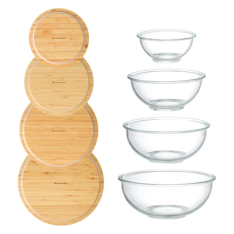 Набор из 4х стеклянных мисок eco store с крышками из бамбука