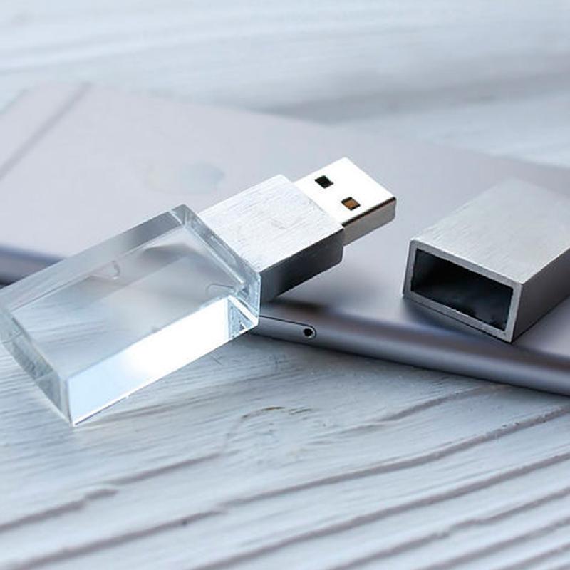 Флеш накопитель USB 2.0 Кристалл, металлстекло, прозрачный подсветка красным, 16 GB