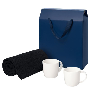 Подарочный набор Dafna, Fado, сиий в коробке-пакете (две фарфоровых кружки, плед)