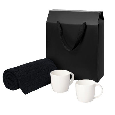 Подарочный набор Dafna, Fado, сиий в черной коробке-пакете (две фарфоровых кружки, плед)