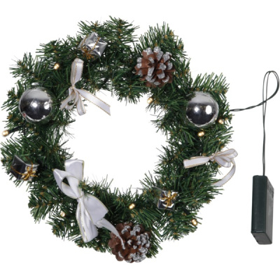 Венок еловый DECORAGE, диаметр 30 см, 10 LED ламп, на батарейках, зелёная хвоя, золотистые украшения